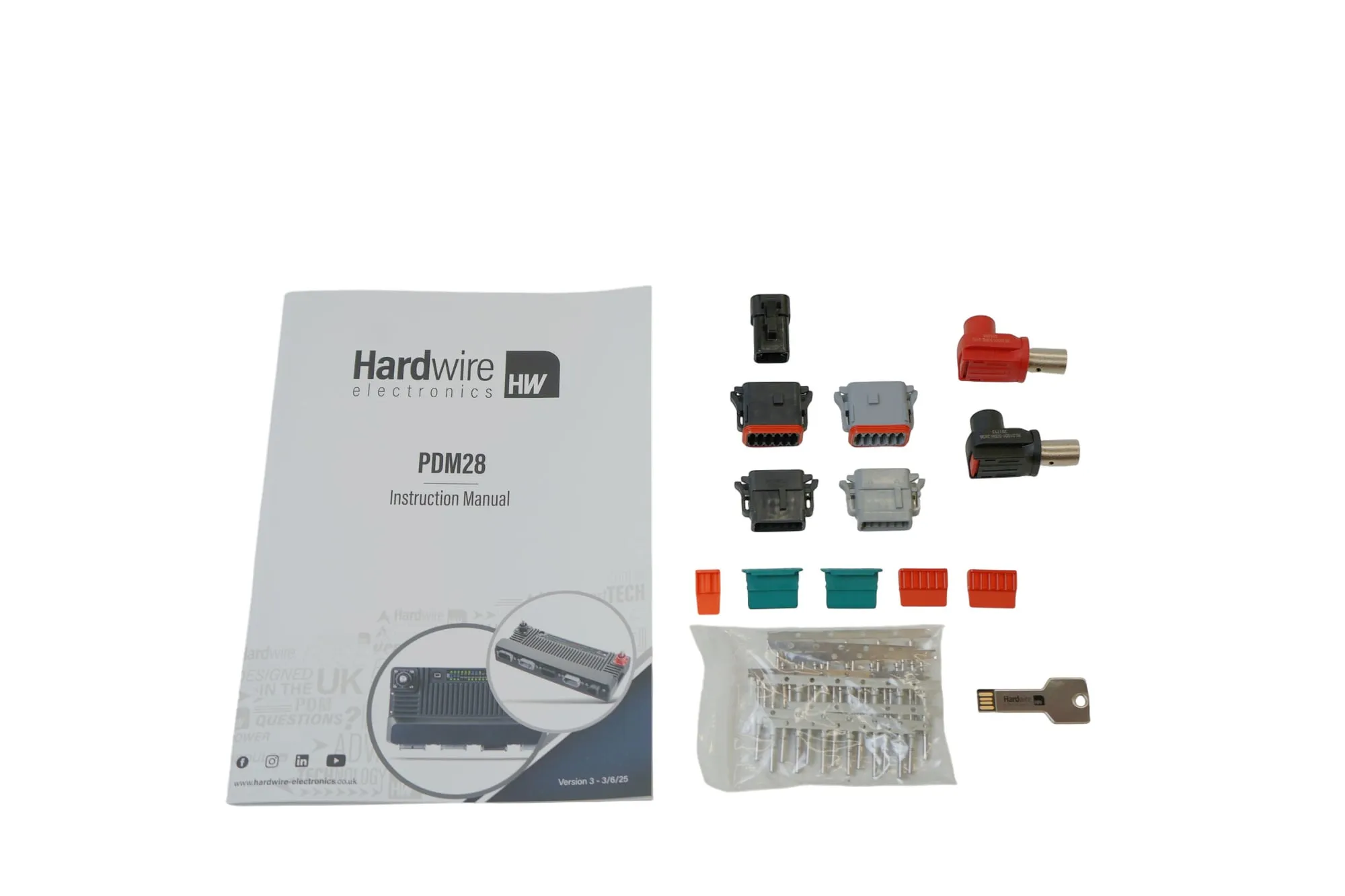 PDM28 kit contents: manual, connectors, contacts and USB cable